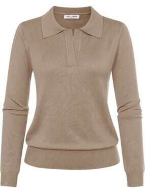 Kate Kasin Women's Apricot V Neck Long Sleeve Classic Knitted Polo Sweaters